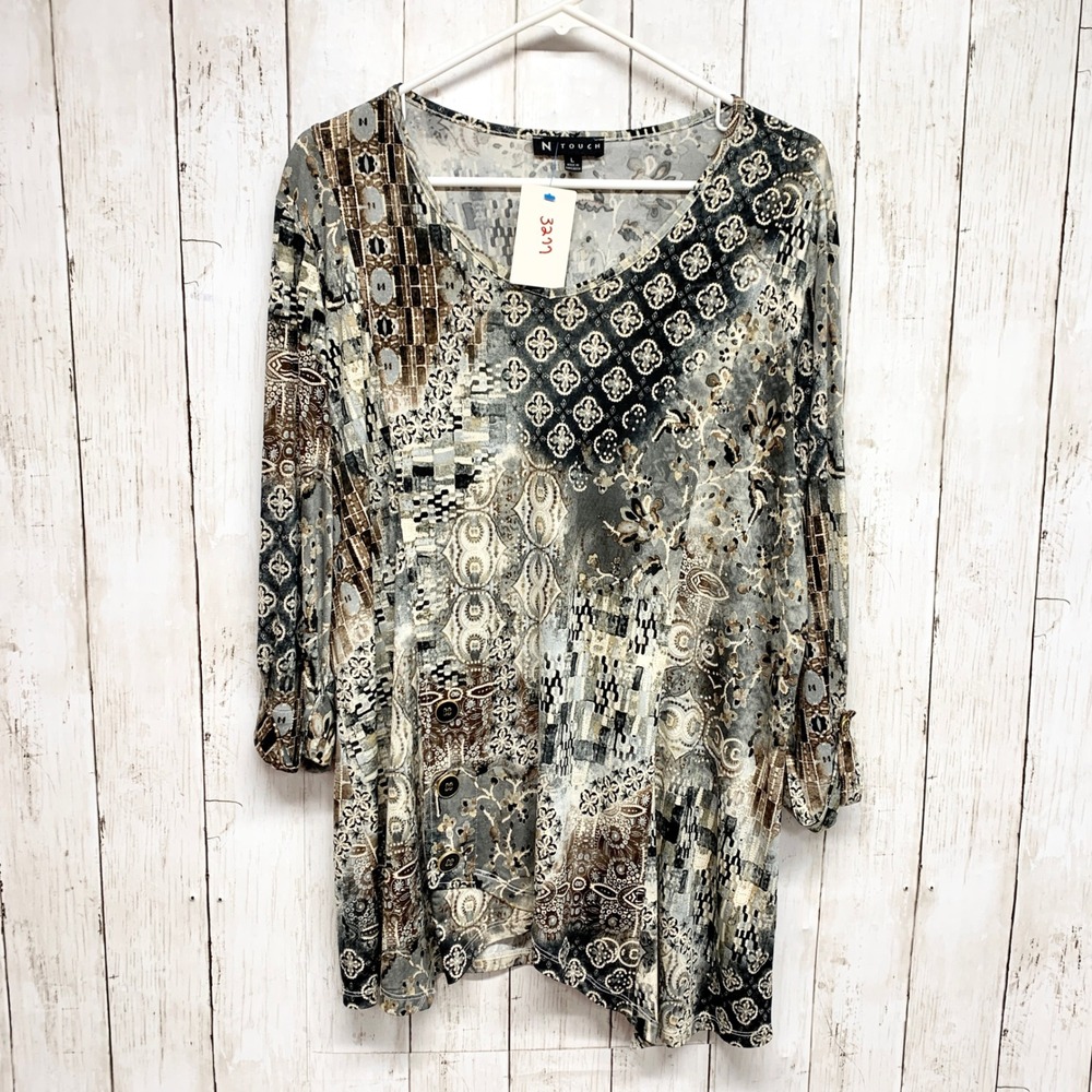 N Touch Patchwork Print Tunic Womens Size L Brown Grey 3/4 Sleeve Knit Top